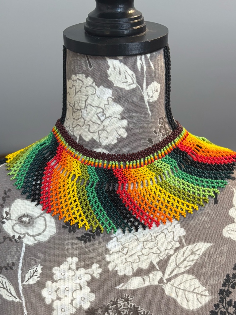 Columbian Okama Style Multicolor Beaded Collar Necklace - Yellow, Green & Red